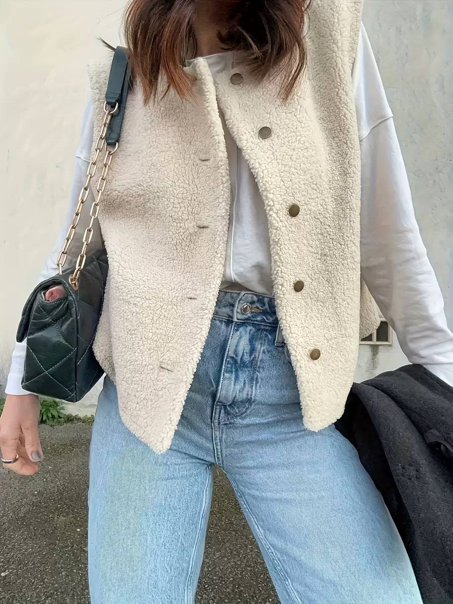 Sherpa Fleece Vest – Button-Front Sleeveless Jacket with High Neck