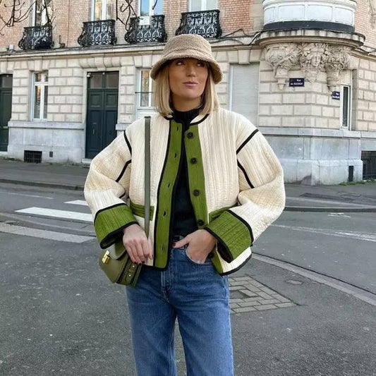 Quilted Jacket – Contrast Trim Jacket with High Neck