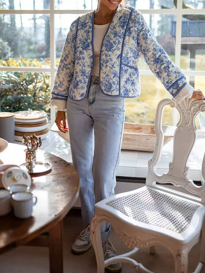 Blue Floral Quilted Jacket – Lightweight Puffer Jacket with Contrast Piping