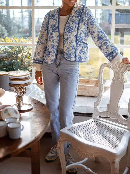 Blue Floral Quilted Jacket – Lightweight Puffer Jacket with Contrast Piping