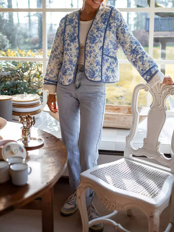 Blue Floral Quilted Jacket – Lightweight Puffer Jacket with Contrast Piping
