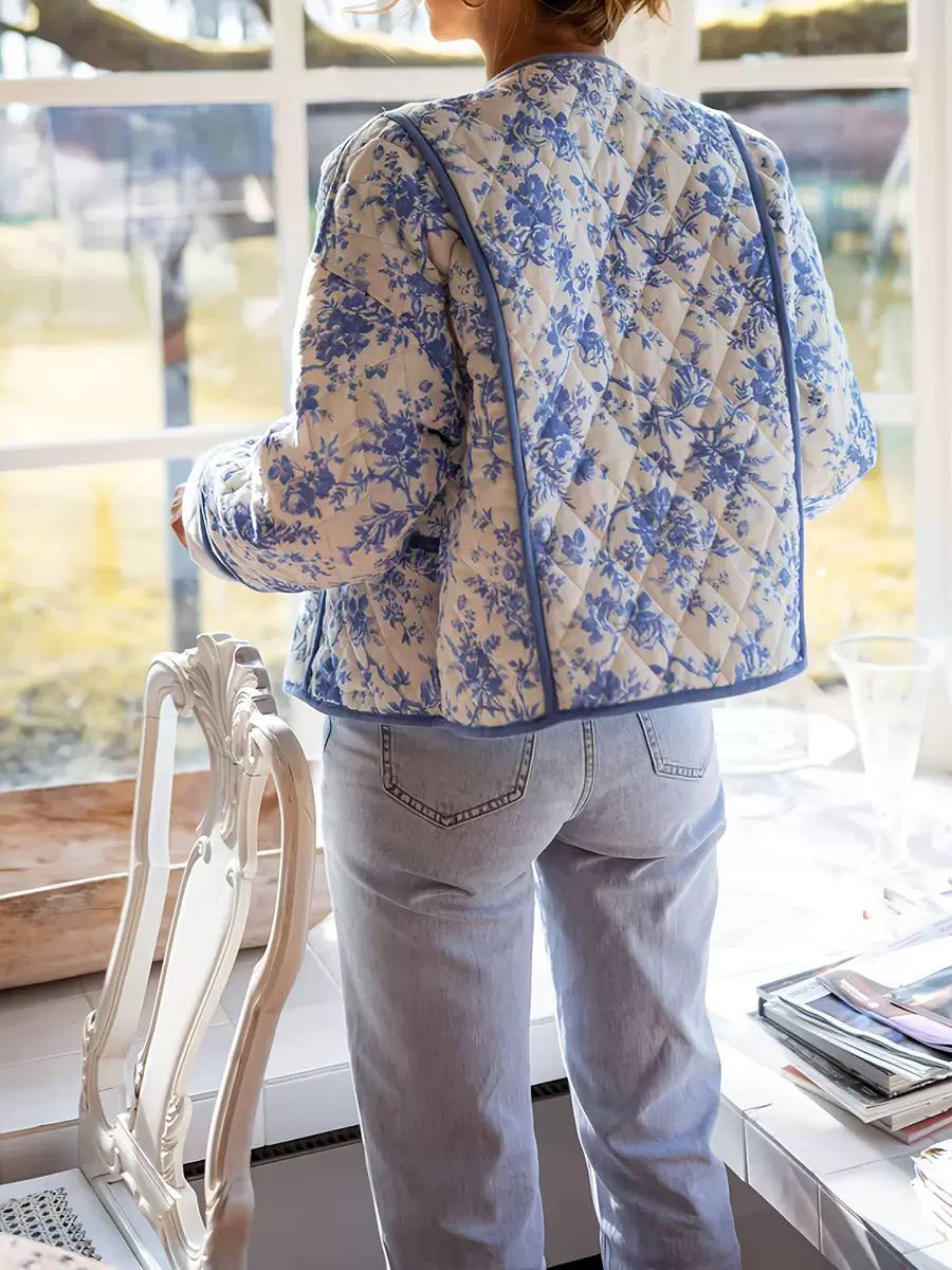 Blue Floral Quilted Jacket – Lightweight Puffer Jacket with Contrast Piping