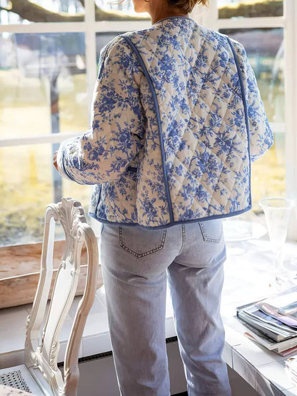 Blue Floral Quilted Jacket – Lightweight Puffer Jacket with Contrast Piping