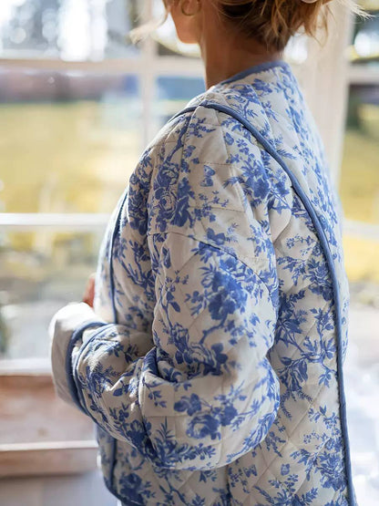 Blue Floral Quilted Jacket – Lightweight Puffer Jacket with Contrast Piping