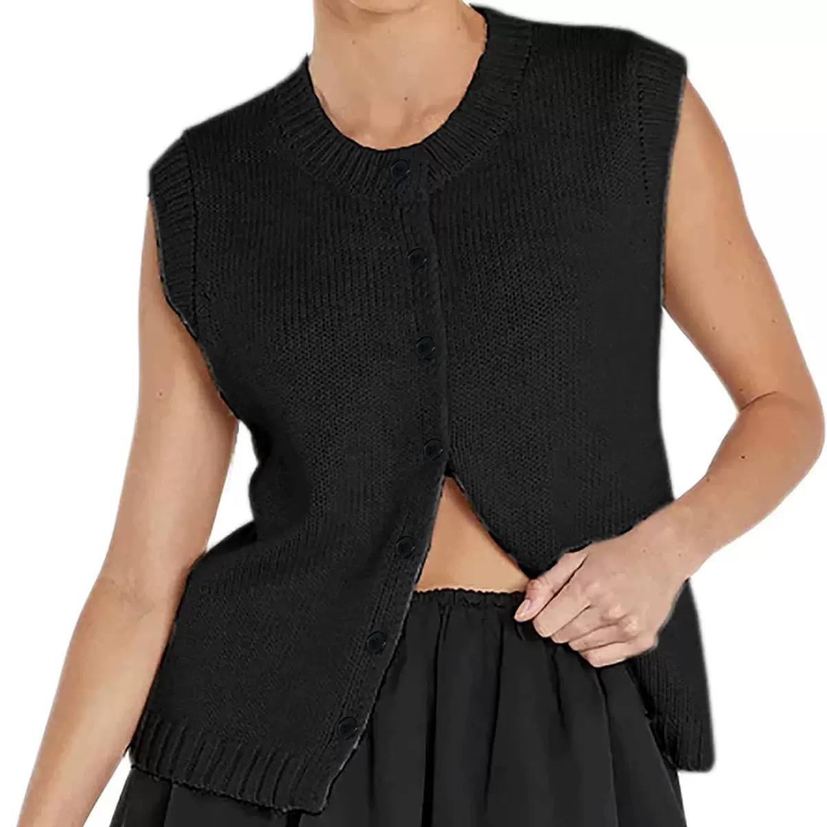 Knit Vest – Button-Front Sleeveless Sweater Vest with Ribbed Trim