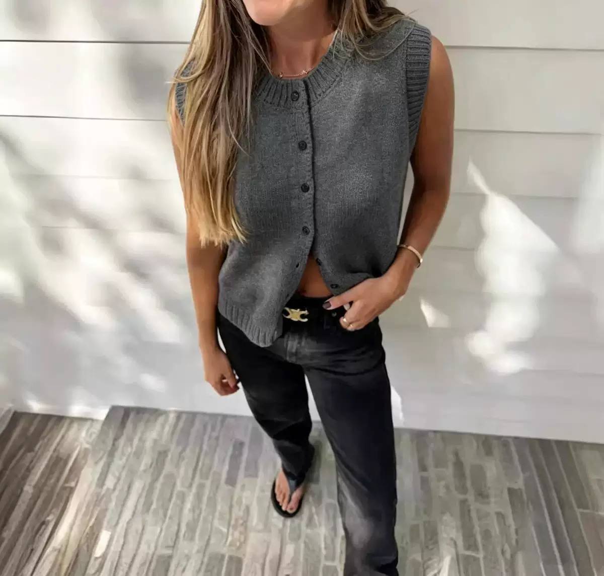 Knit Vest – Button-Front Sleeveless Sweater Vest with Ribbed Trim