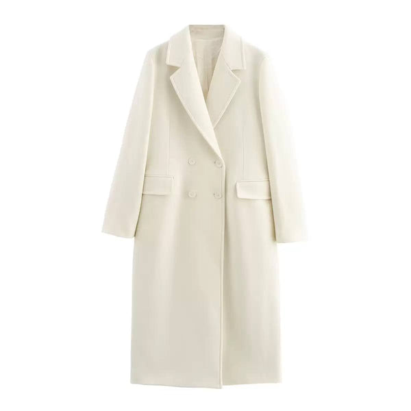 Double-Breasted Long Coat – Overcoat with Front Pockets