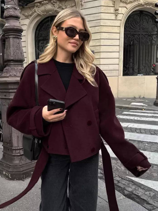 Double-Breasted Wool Coat – Cropped Tailored Jacket with Wide Lapels and Belted Cuffs