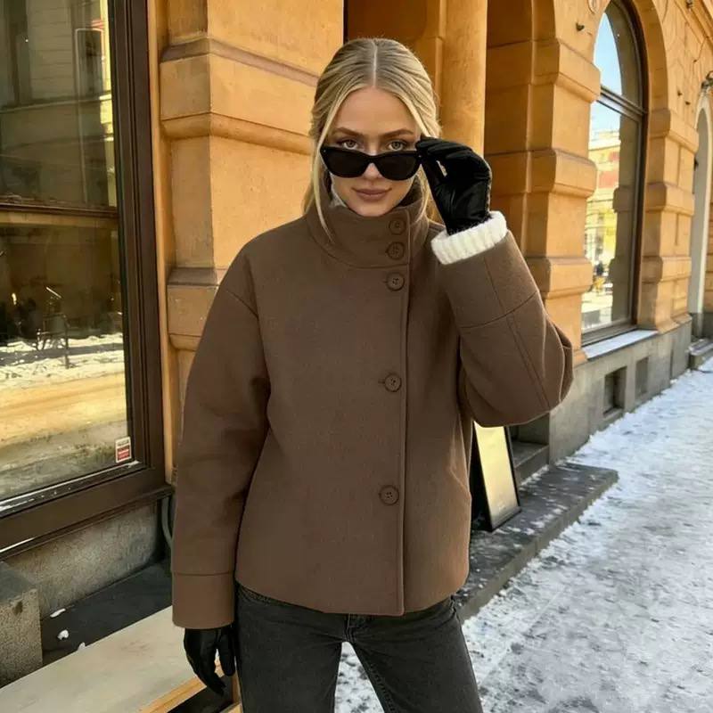 High-Neck Wool Jacket – Button-Front Stand Collar Coat with Relaxed Fit