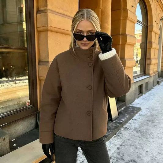 High-Neck Wool Jacket – Button-Front Stand Collar Coat with Relaxed Fit