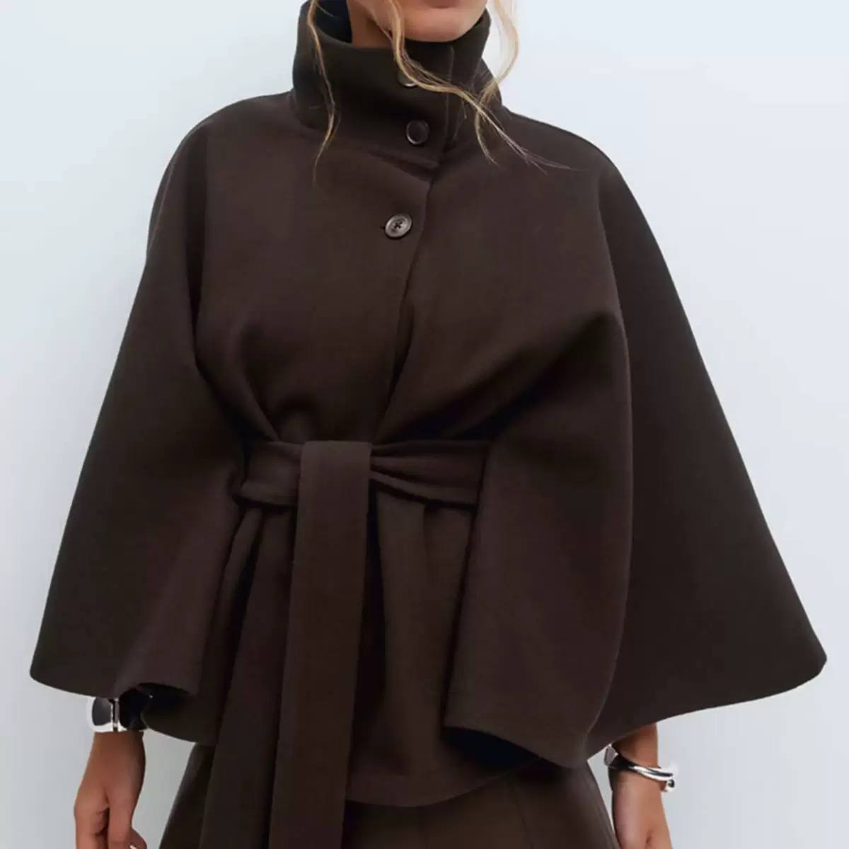 Belted Wool Jacket – High Neck Button Front Coat with Tie Waist