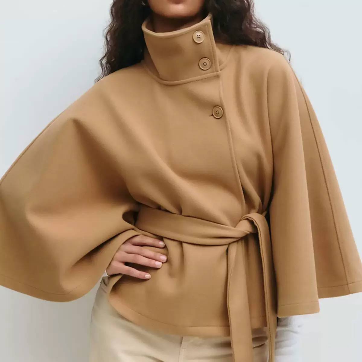 Belted Wool Jacket – High Neck Button Front Coat with Tie Waist