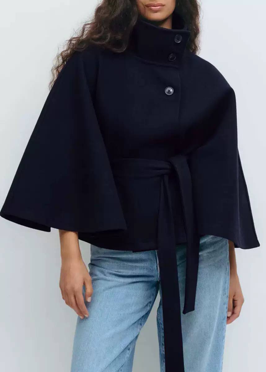 Belted Wool Jacket – High Neck Button Front Coat with Tie Waist