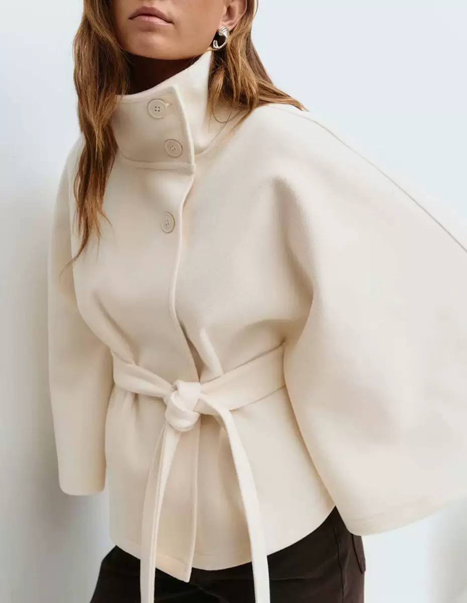 Belted Wool Jacket – High Neck Button Front Coat with Tie Waist