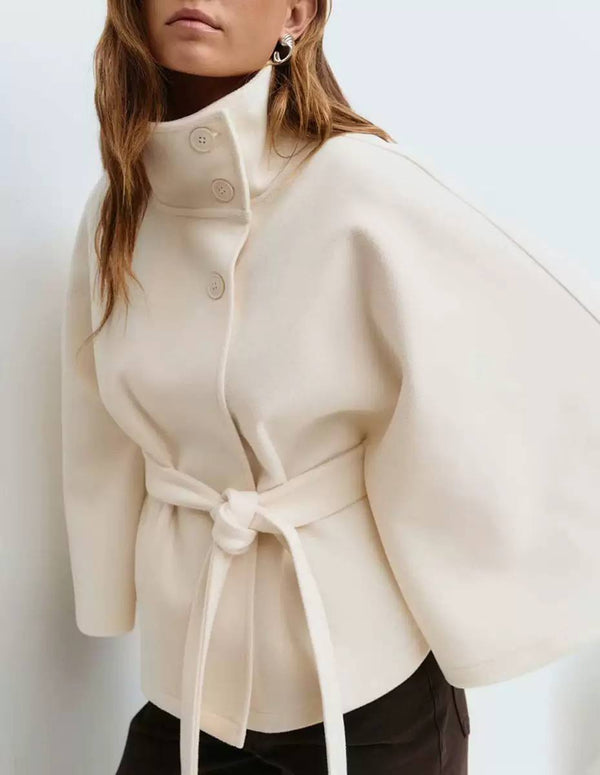 Belted Wool Jacket – High Neck Button Front Coat with Tie Waist
