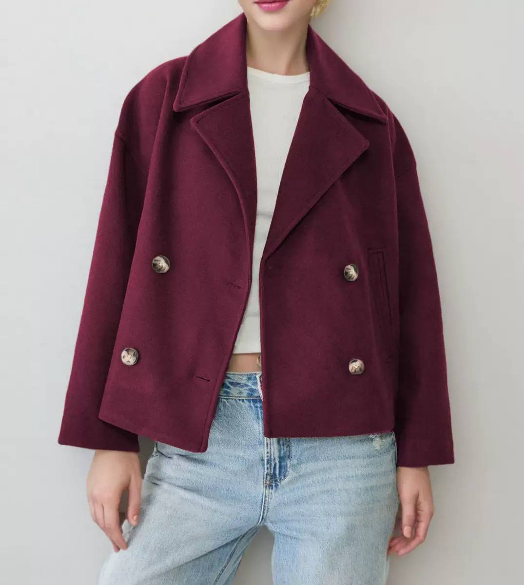 Double-Breasted Wool Jacket – Cropped Notched-Lapel Coat with Front Pockets