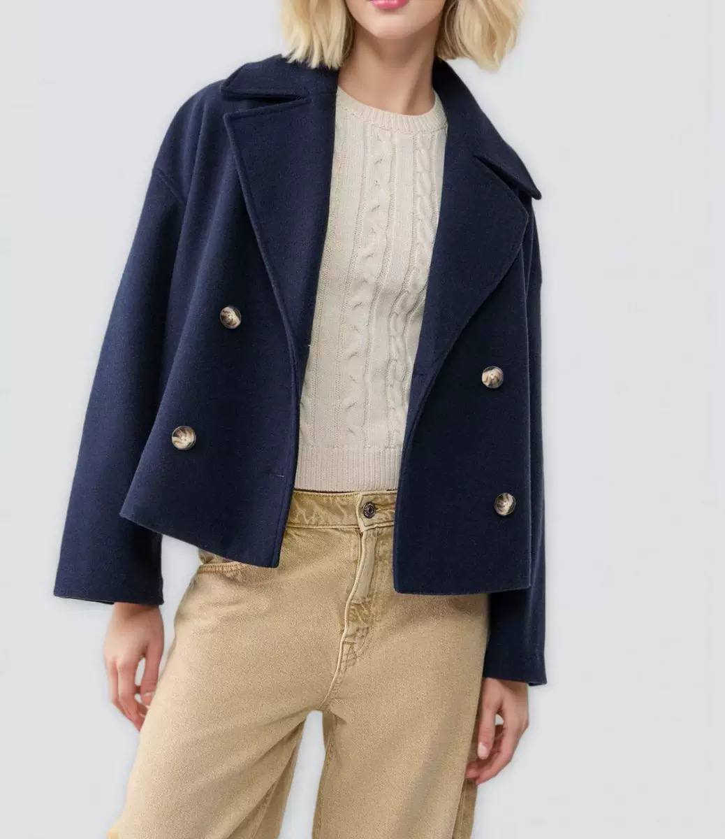 Double-Breasted Wool Jacket – Cropped Notched-Lapel Coat with Front Pockets