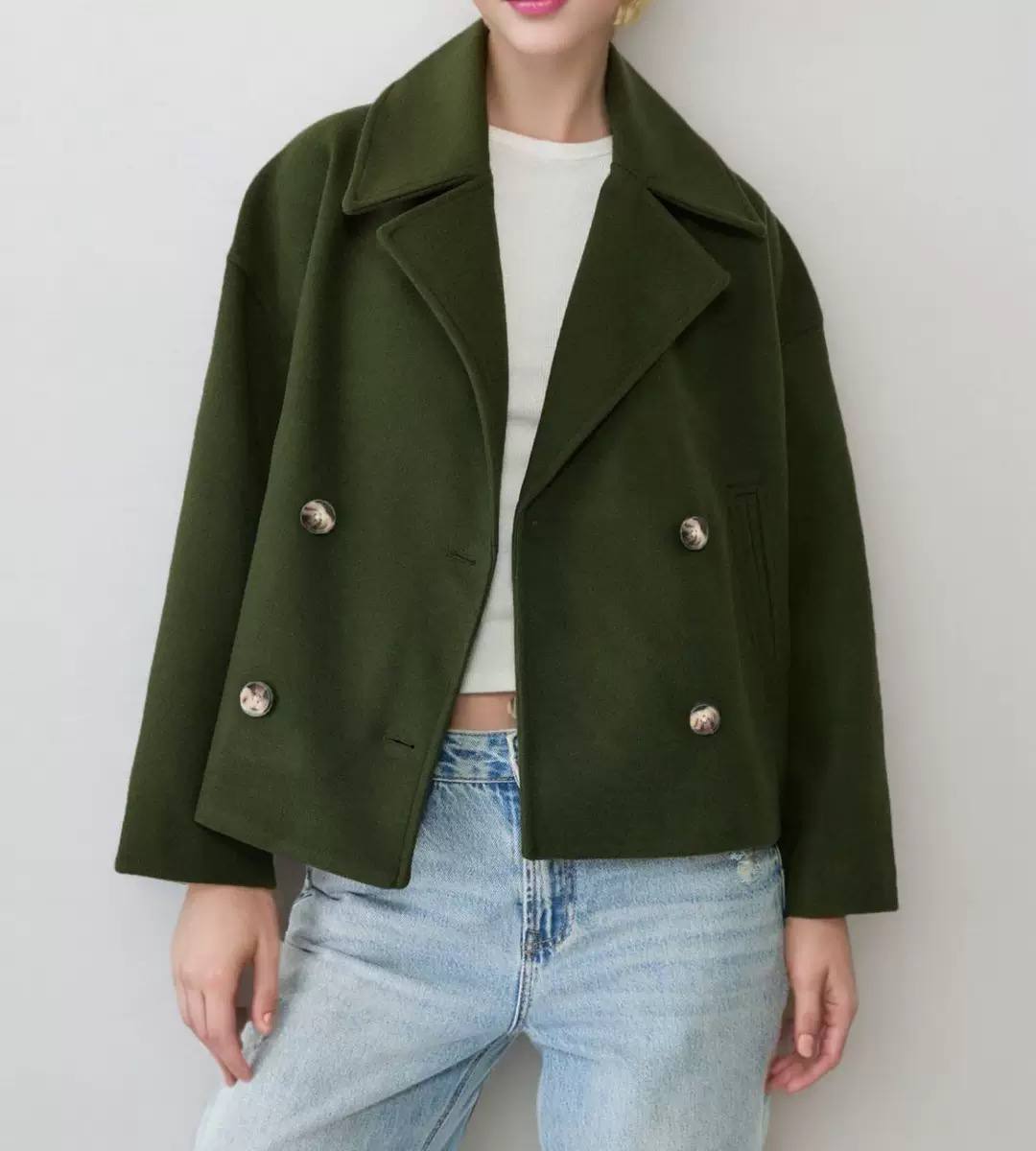 Double-Breasted Wool Jacket – Cropped Notched-Lapel Coat with Front Pockets