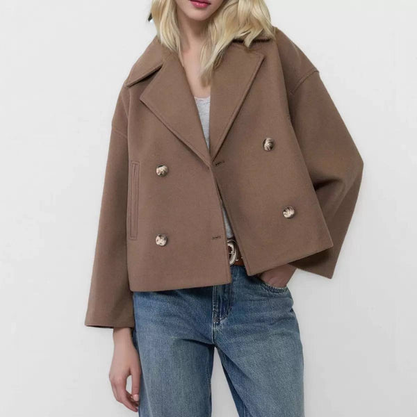 Double-Breasted Wool Jacket – Cropped Notched-Lapel Coat with Front Pockets