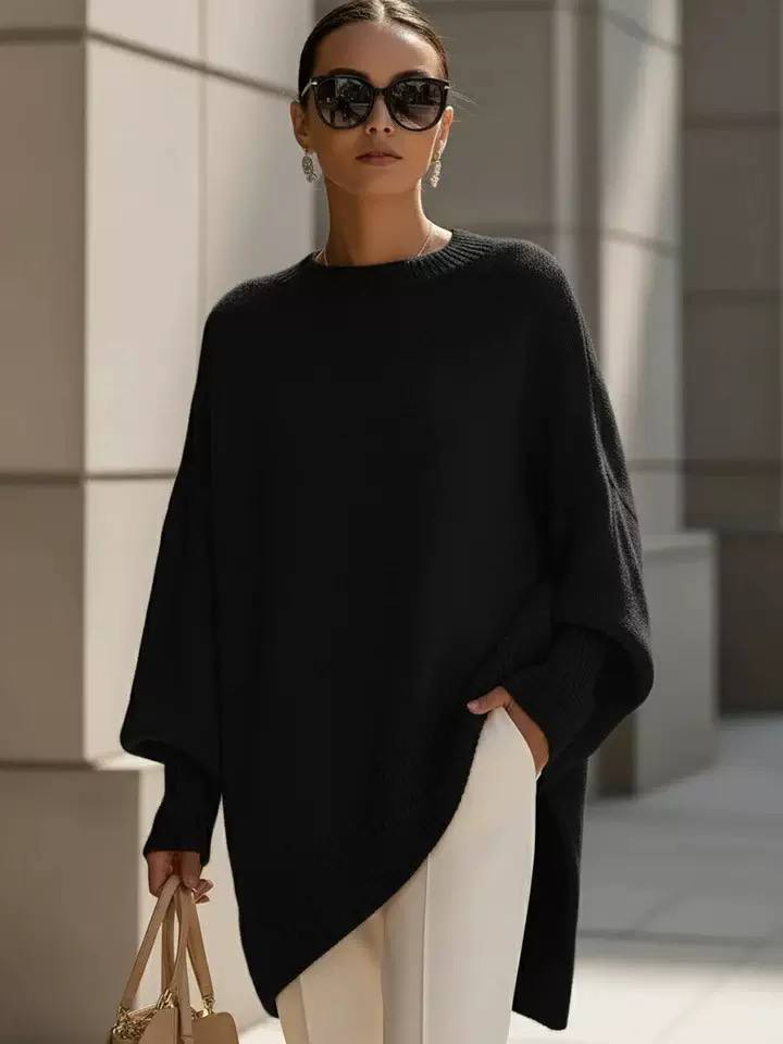 Oversized Crew Neck Knit Sweater – Relaxed Fit with Ribbed Cuffs