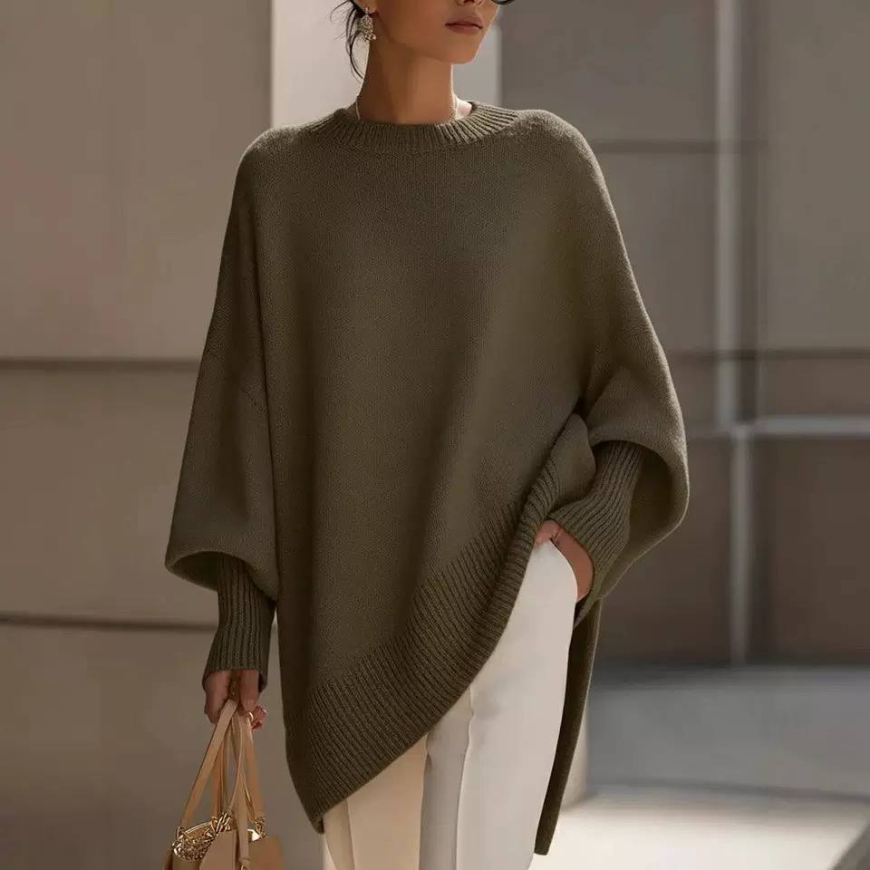 Oversized Crew Neck Knit Sweater – Relaxed Fit with Ribbed Cuffs