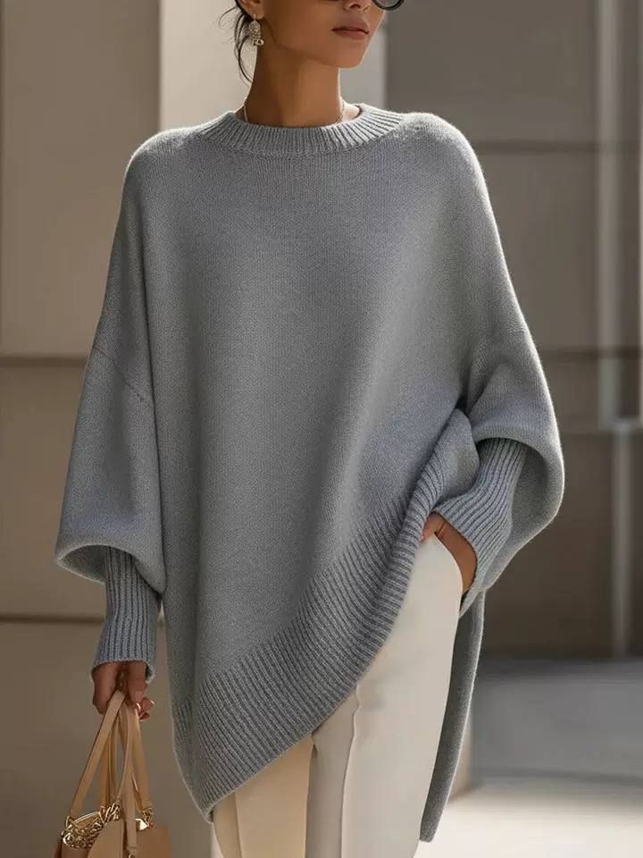 Oversized Crew Neck Knit Sweater – Relaxed Fit with Ribbed Cuffs