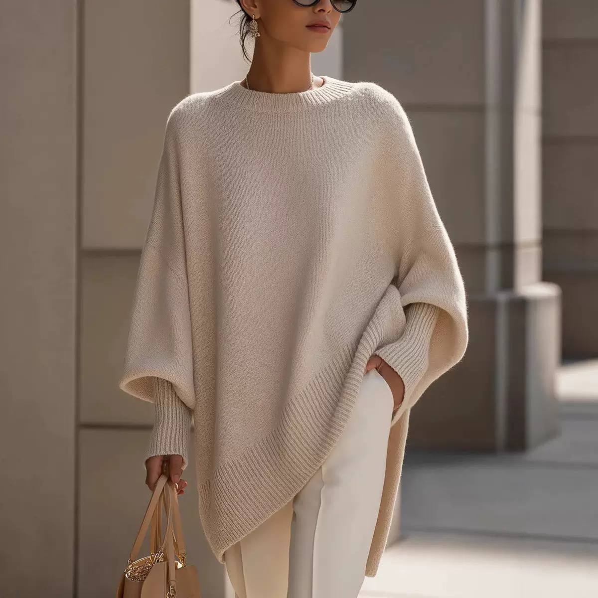 Oversized Crew Neck Knit Sweater – Relaxed Fit with Ribbed Cuffs
