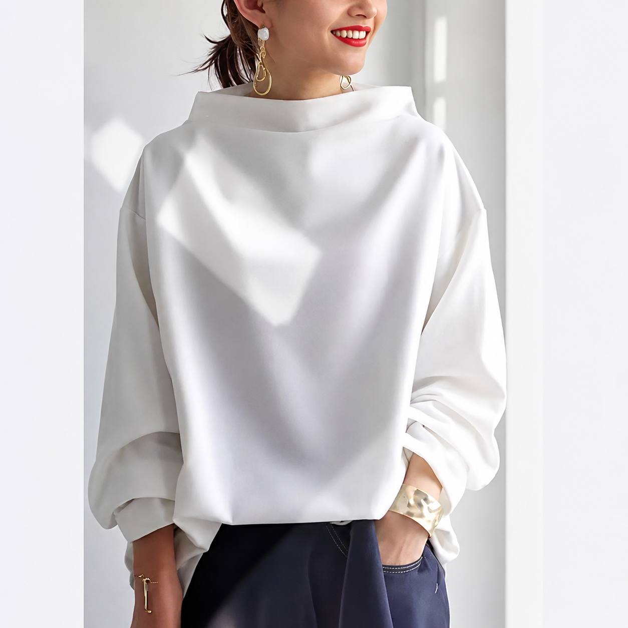 High Neck Blouse – Relaxed Fit with Long Sleeves