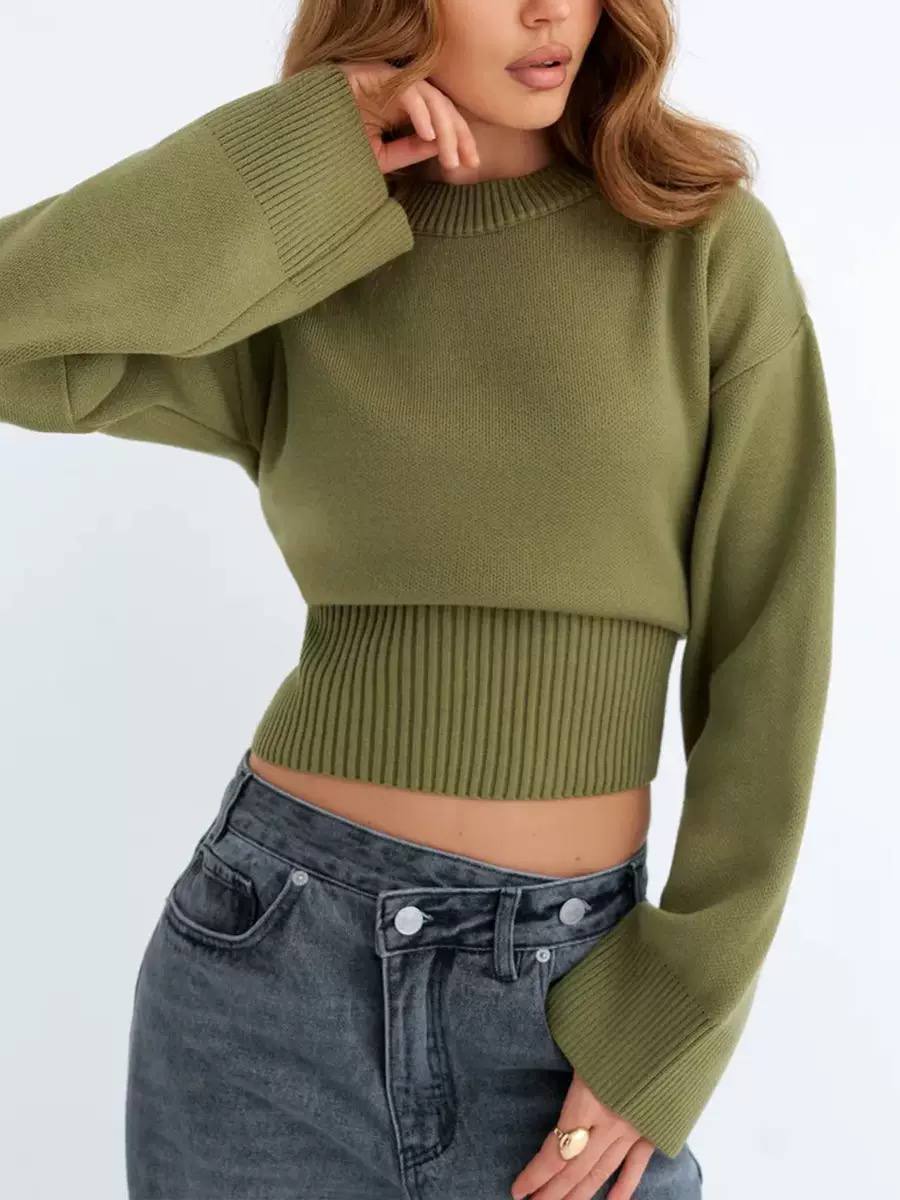 Mock Neck Knit Sweater – Fitted Waist with Ribbed Cuffs