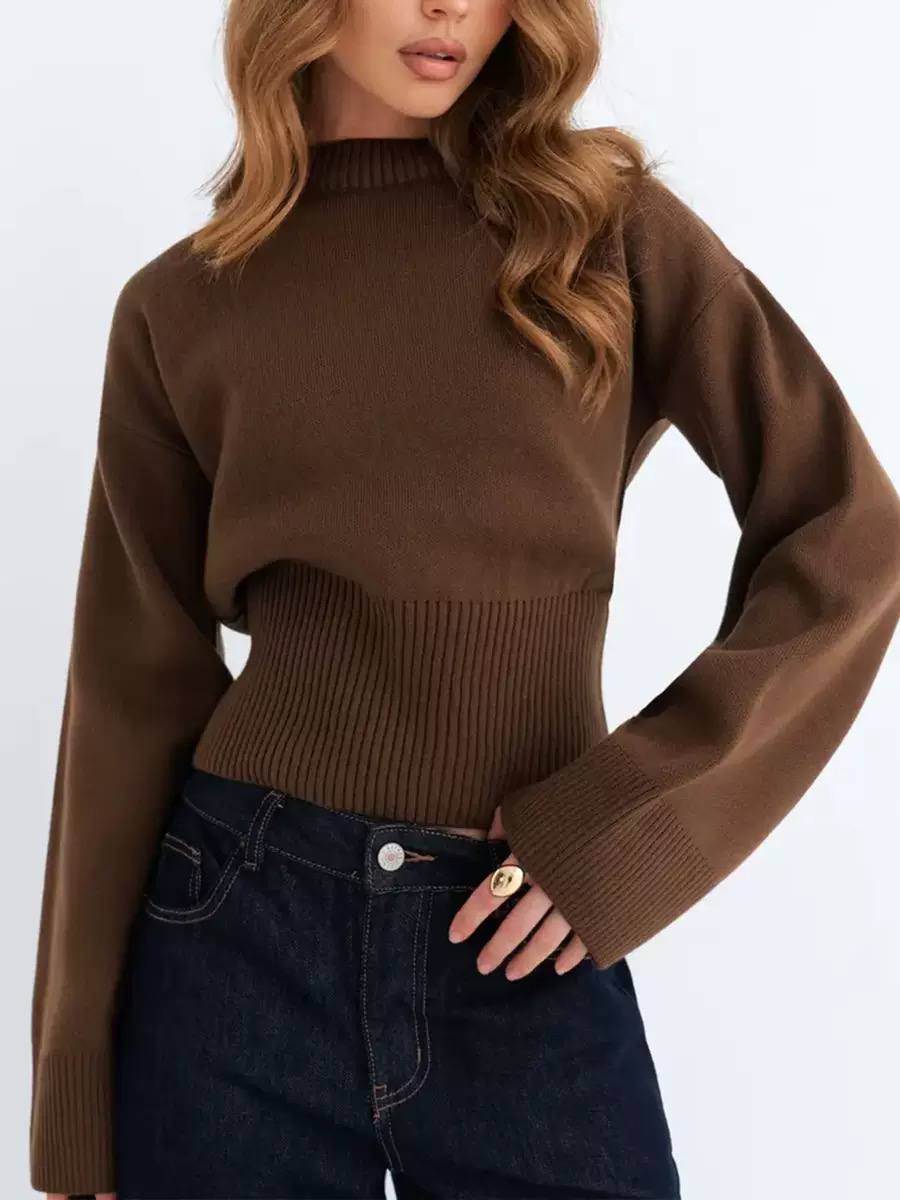 Mock Neck Knit Sweater – Fitted Waist with Ribbed Cuffs