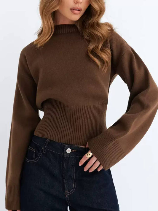 Mock Neck Knit Sweater – Fitted Waist with Ribbed Cuffs