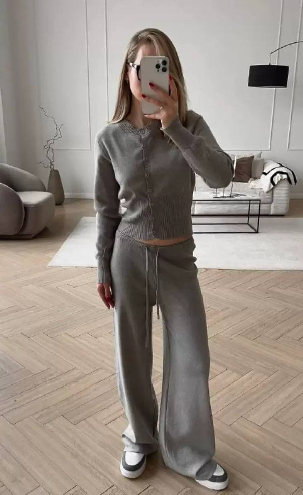 Button-Up Knit Cardigan & Wide-Leg Trousers Set – Ribbed Trim