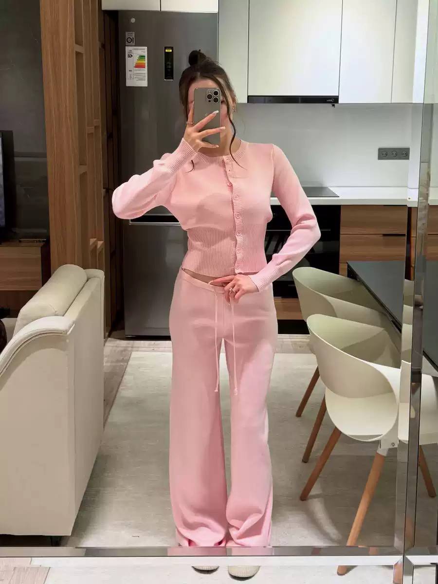 Button-Up Knit Cardigan & Wide-Leg Trousers Set – Ribbed Trim