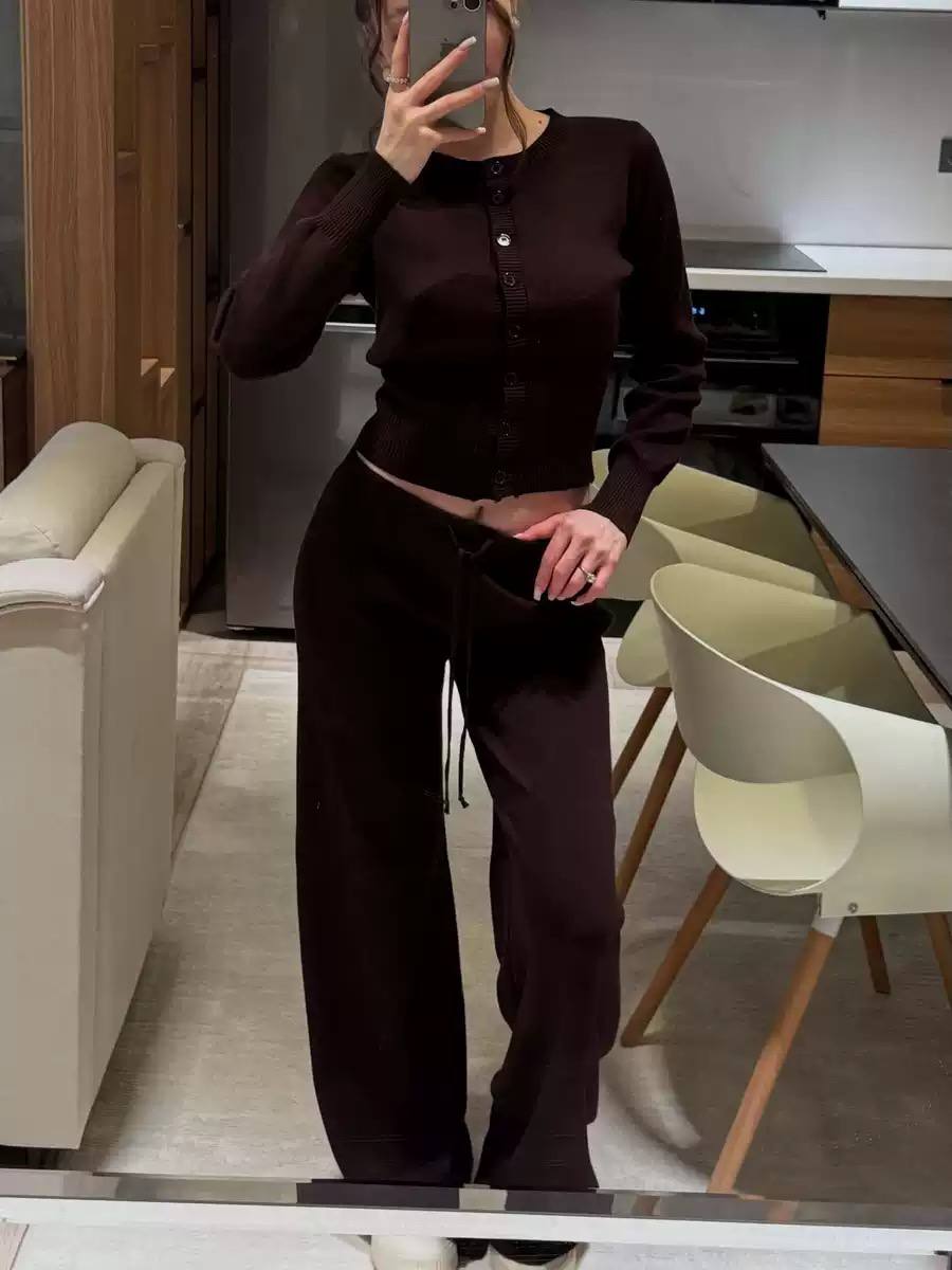 Button-Up Knit Cardigan & Wide-Leg Trousers Set – Ribbed Trim
