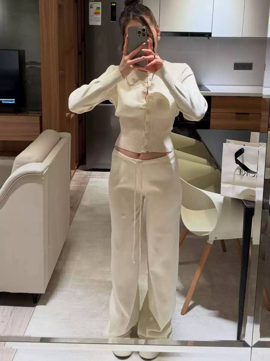 Button-Up Knit Cardigan & Wide-Leg Trousers Set – Ribbed Trim