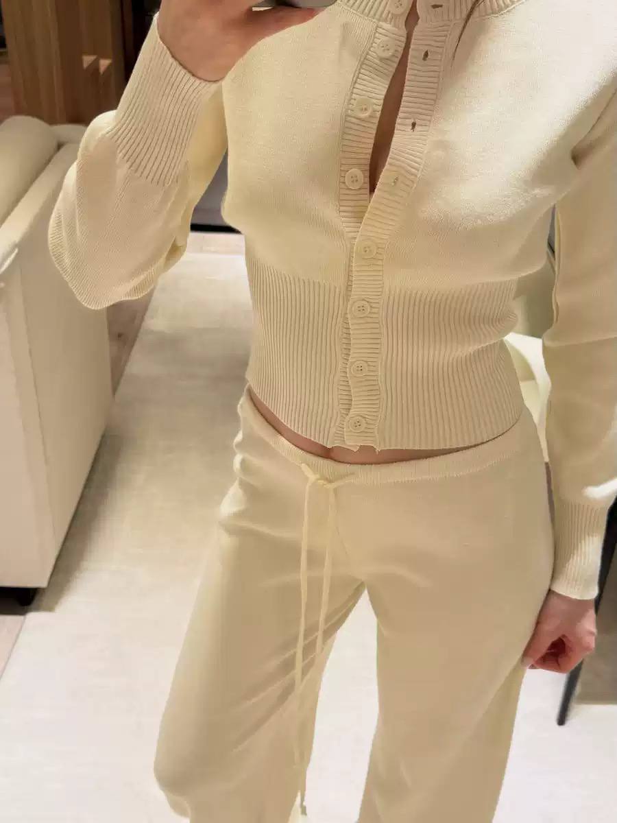 Button-Up Knit Cardigan & Wide-Leg Trousers Set – Ribbed Trim