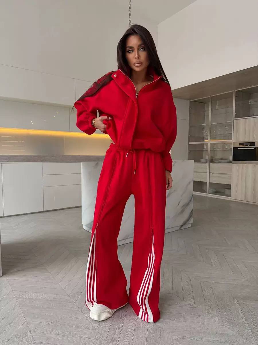 Zip Up Tracksuit Set – Wide-Leg Trousers with Contrast Stripes