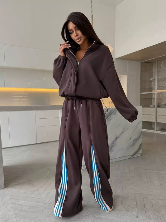 Zip Up Tracksuit Set – Wide-Leg Trousers with Contrast Stripes