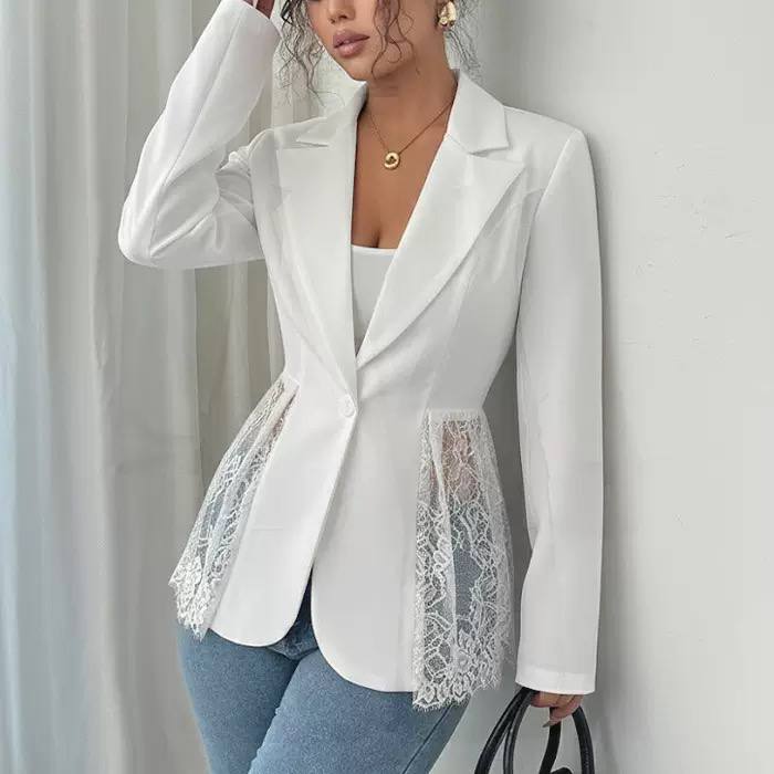 Lace Panel Blazer – Tailored Long Sleeve Blazer with Lace Detail