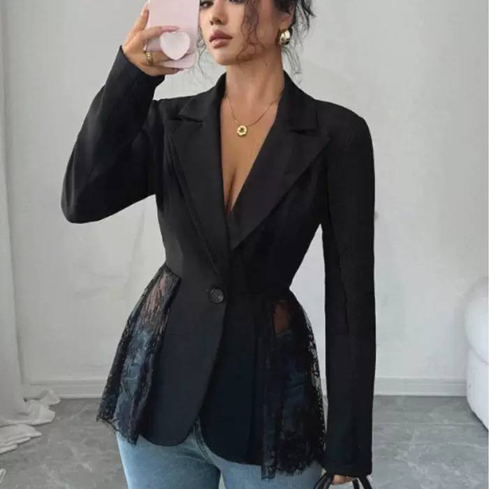 Lace Panel Blazer – Tailored Long Sleeve Blazer with Lace Detail