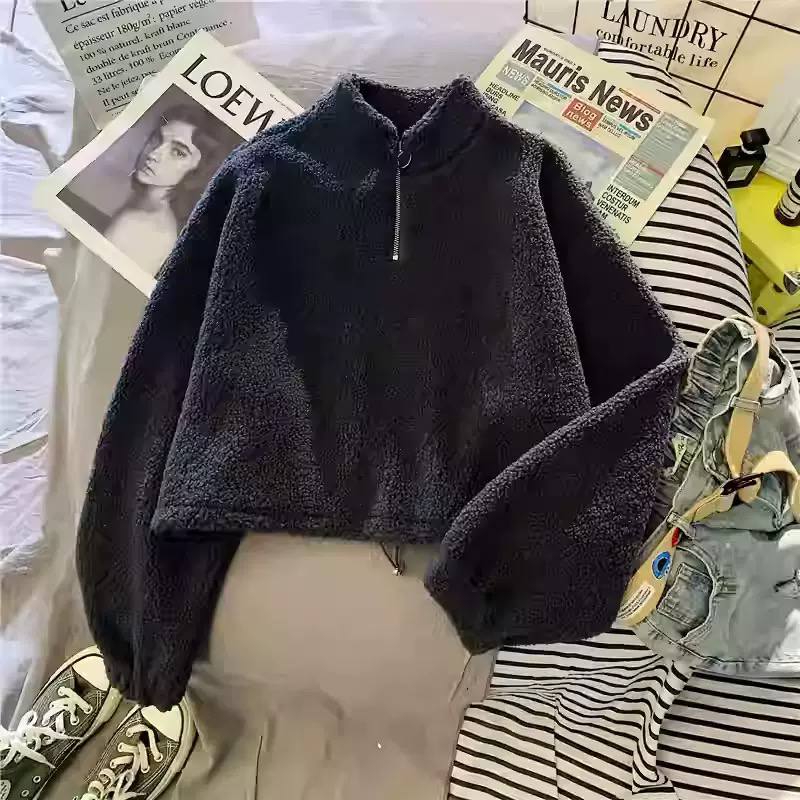 Women's Sherpa Fleece Half Zip Oversized Sweatshirt - Mock Neck Pullover