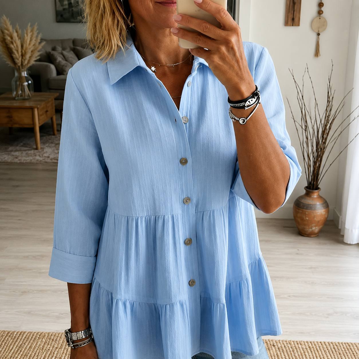 Tiered Button-Up Shirt – Relaxed Fit Blouse