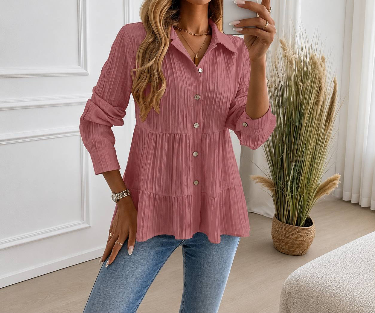 Tiered Button-Up Shirt – Relaxed Fit Blouse