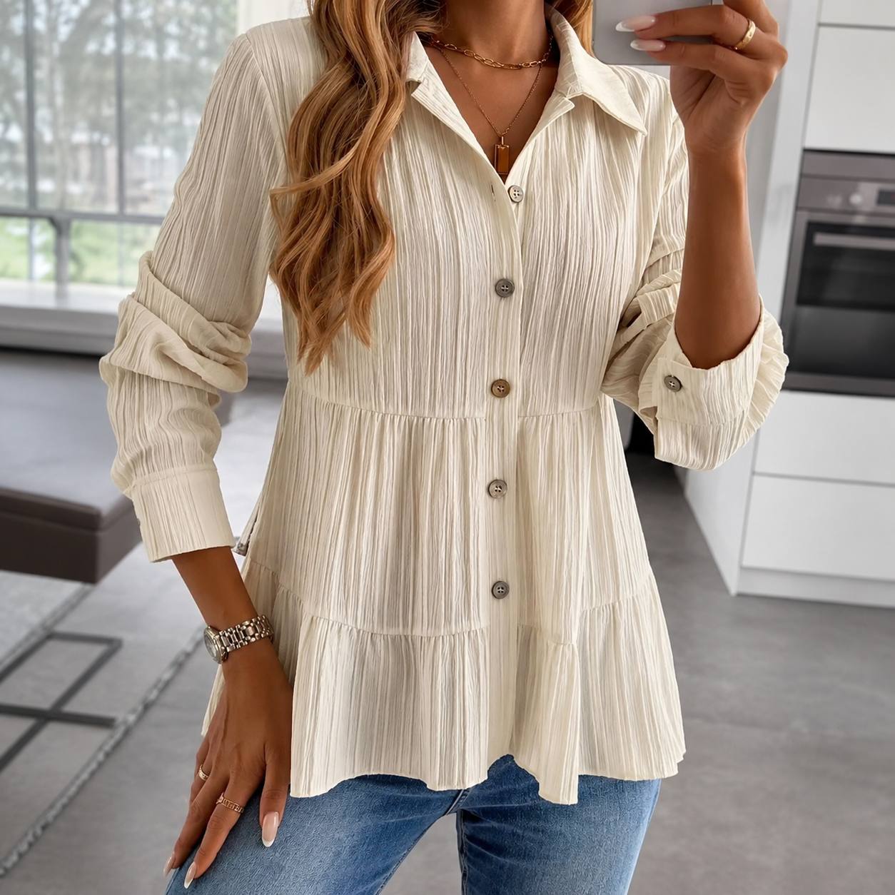 Tiered Button-Up Shirt – Relaxed Fit Blouse