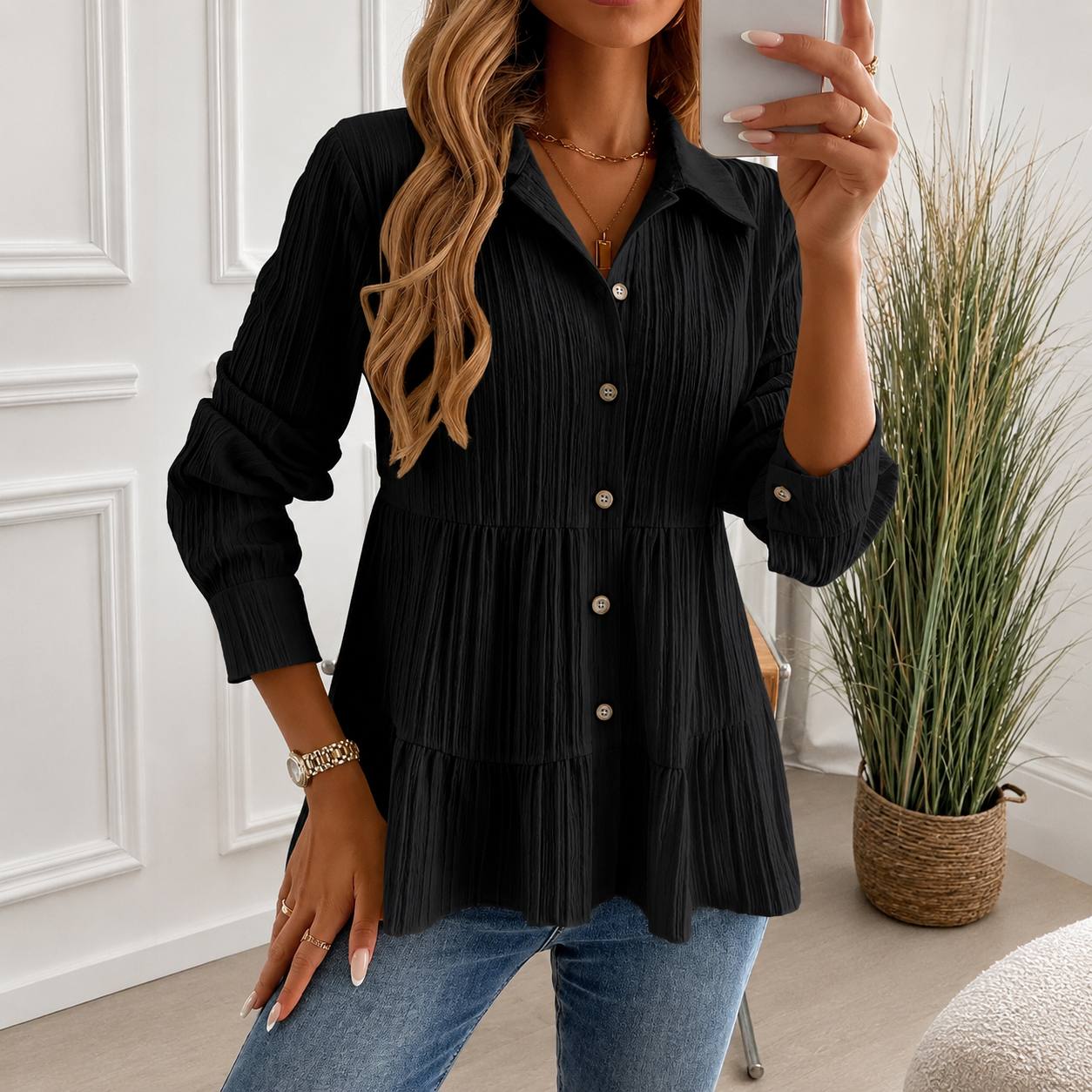 Tiered Button-Up Shirt – Relaxed Fit Blouse