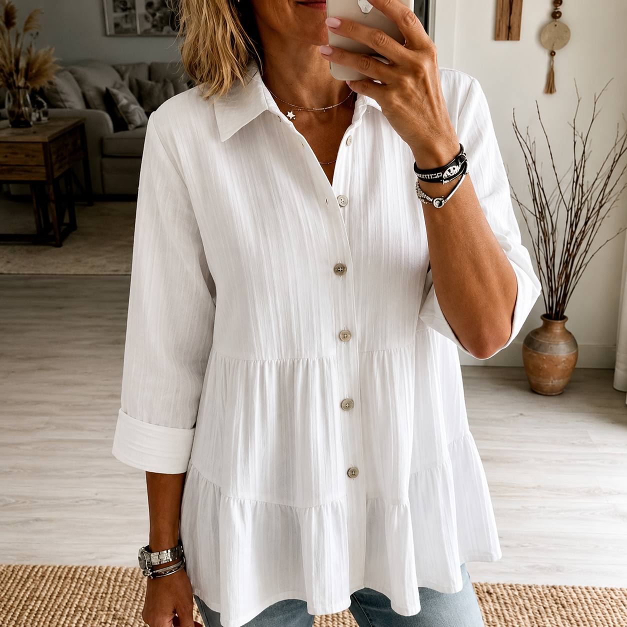 Tiered Button-Up Shirt – Relaxed Fit Blouse