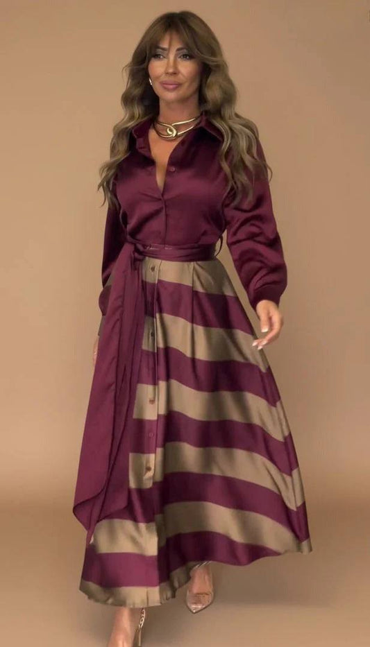 Belted Stripe Shirt Maxi Dress - Long-Sleeve