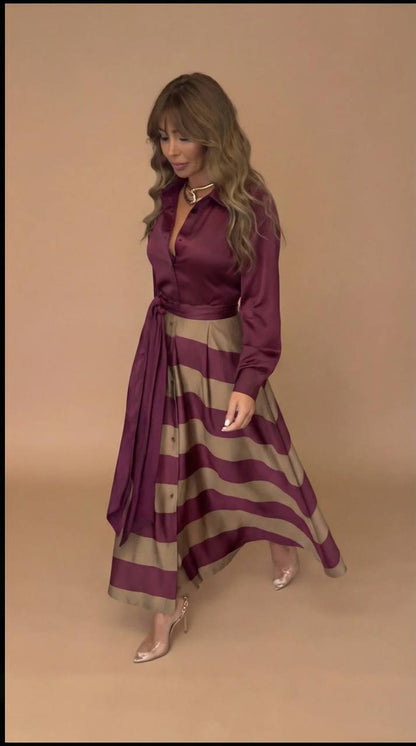 Belted Stripe Shirt Maxi Dress - Long-Sleeve