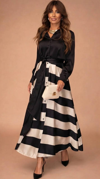 Belted Stripe Shirt Maxi Dress - Long-Sleeve
