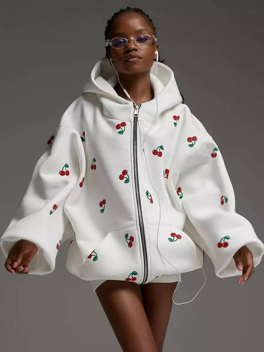 Cherry Oversized Zip Up Cotton Hoodie - Kangaroo pockets